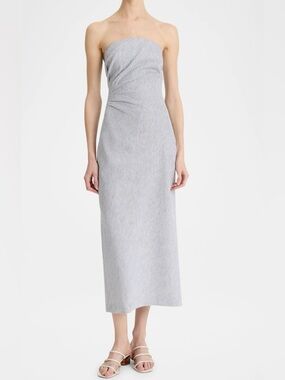 Vince NEW Ticking Stripe Draped Strapless Linen/Cotton Midi Dress $398